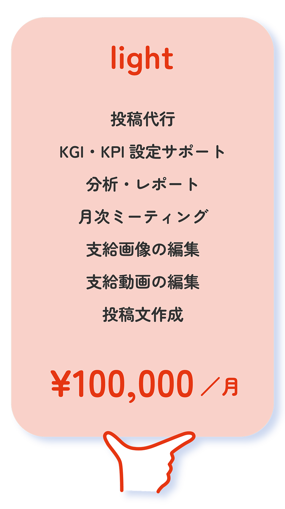 ライトプラン：投稿代行、KGI・KPI設定サポート、分析・レポート、月次ミーティング、支給画像の編集、支給動画の編集、投稿文作成