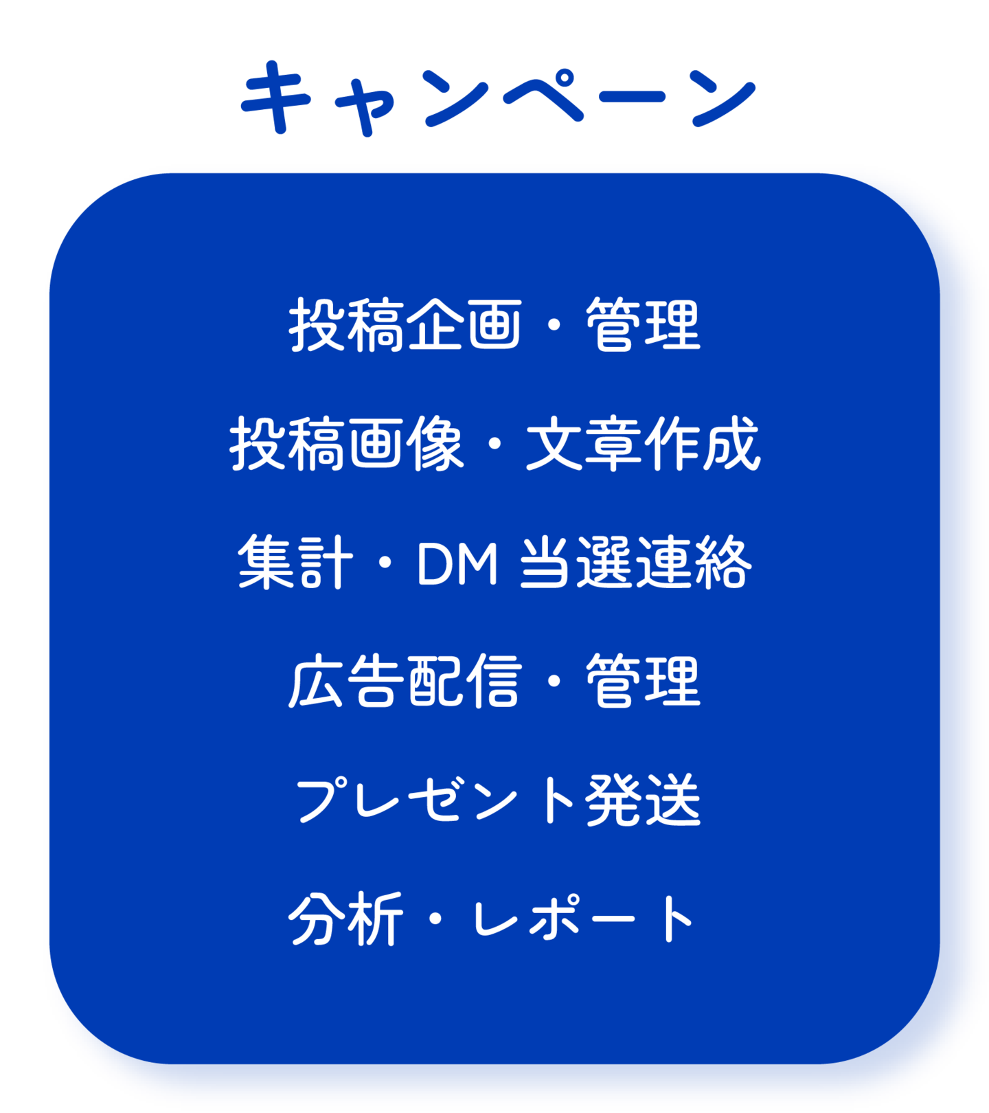 キャンペーン：投稿企画・管理、投稿画像・文章作成、集計・DM当選連絡、広告配信・管理、プレゼント発送、分析・レポート